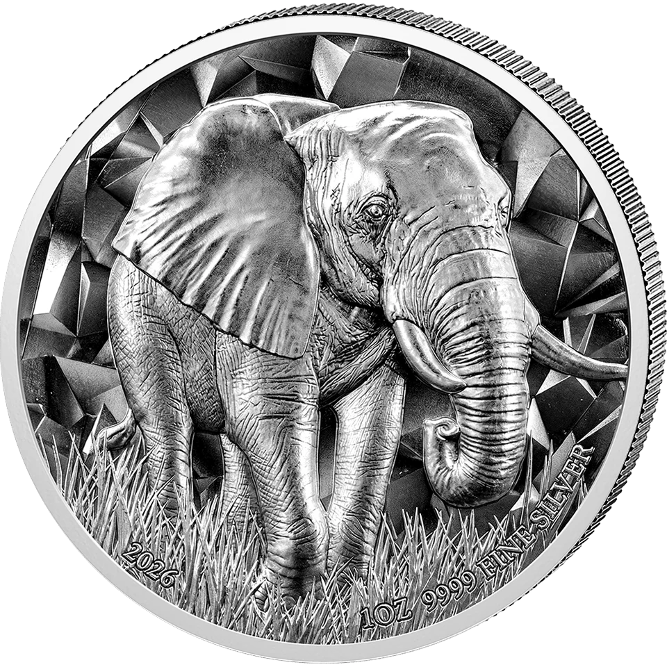 Elephant 2026 without gold, reverse: elephant and crystal field all in silver