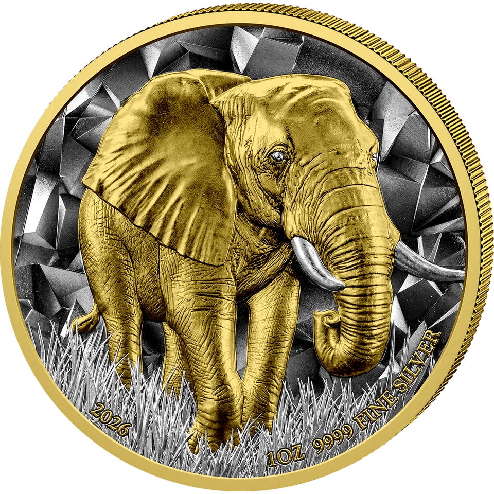 Elephant 2026, part‑gilded, reverse: elephant and rim in gold, the crystal field dark