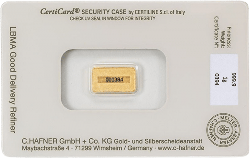 Back of the CertiCard with the certificate and the number of the bar, photo