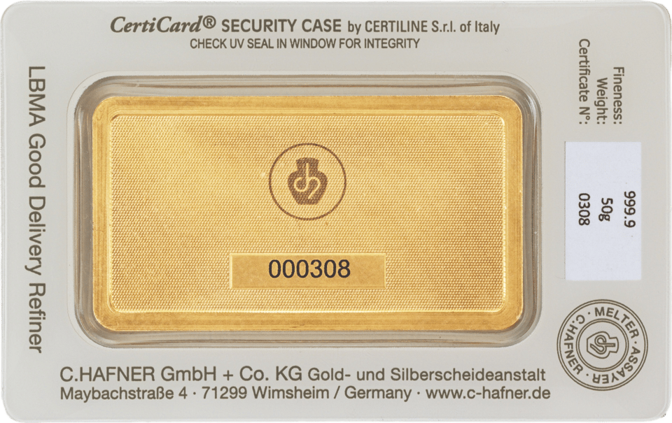 Dorso de la CertiCard con el certificado y el número del lingote, foto