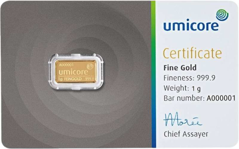 1 g Gold von Umicore in der Karte mit Echtheitszertifikat, Abbildung