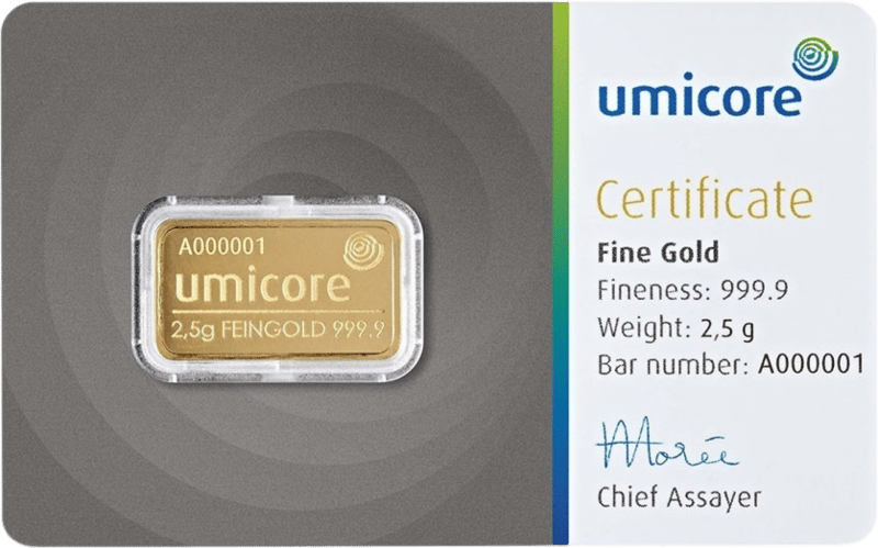 2.5 g gold from Umicore in the card with certificate of authenticity, image