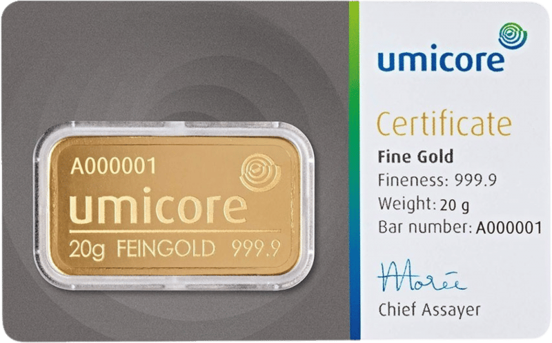 20 g Gold von Umicore in der Karte mit Echtheitszertifikat, Abbildung