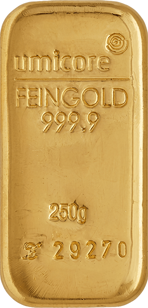 250 g Gold from Umicore, cast, photo of an individual piece