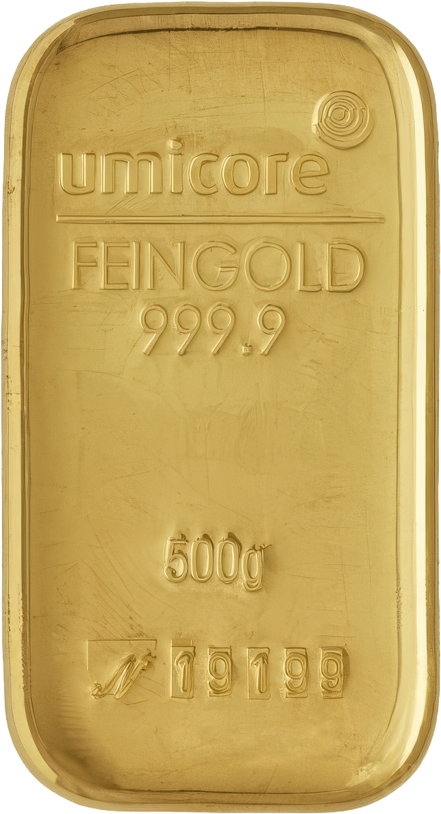 500 g Gold von Umicore, gegossen, Foto eines Einzelstücks