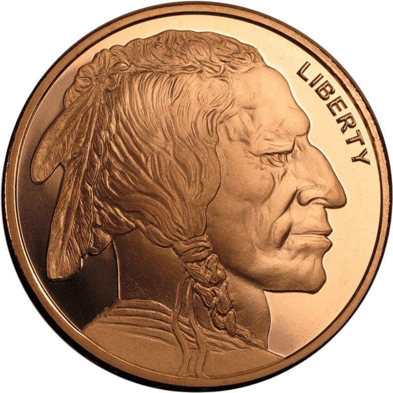 American Buffalo en cobre, cara del retrato con el retrato de un nativo americano y «LIBERTY»