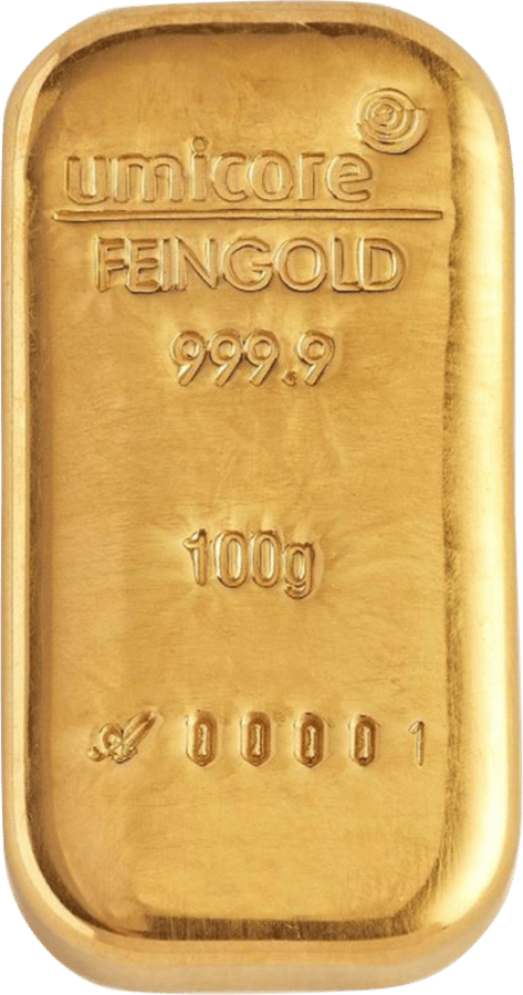 100 g Gold von Umicore, gegossen, Foto eines Einzelstücks