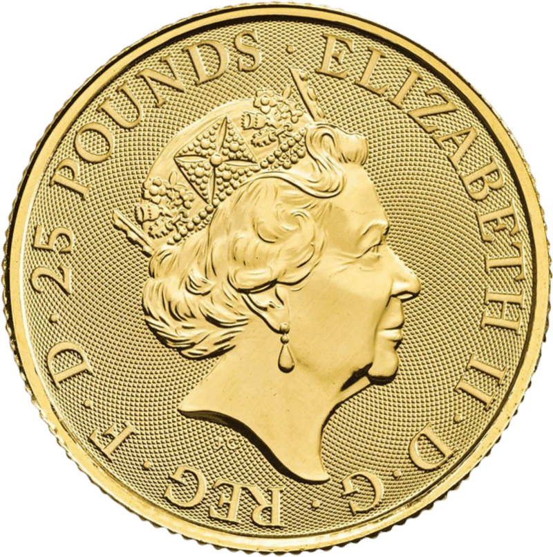 Queen’s Beasts 2020, 1/4 troy ounce goud, waardezijde