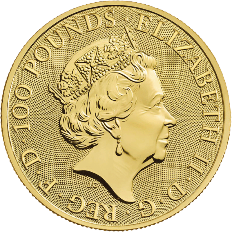 Queen’s Beasts 2020, 1 troy ounce goud, waardezijde