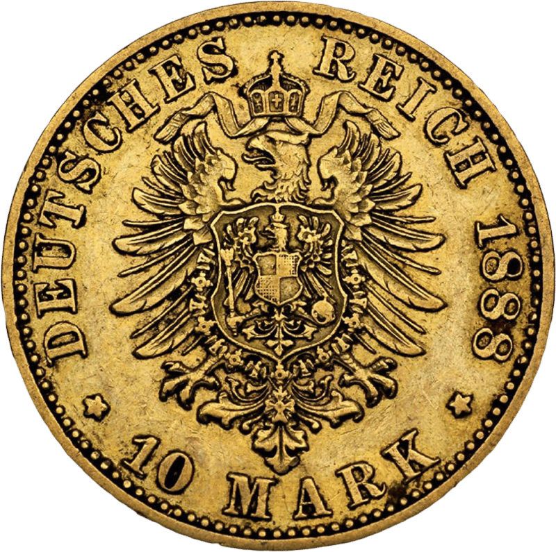 10 marcos Prusia, Federico III, reverso con el águila imperial y el valor