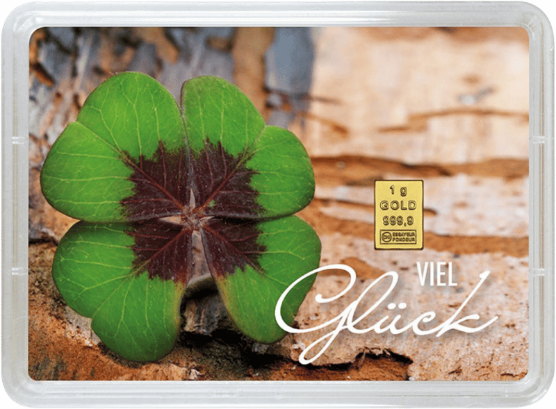 Goldbarren „Viel Glück“ auf der Karte „Viel Glück“