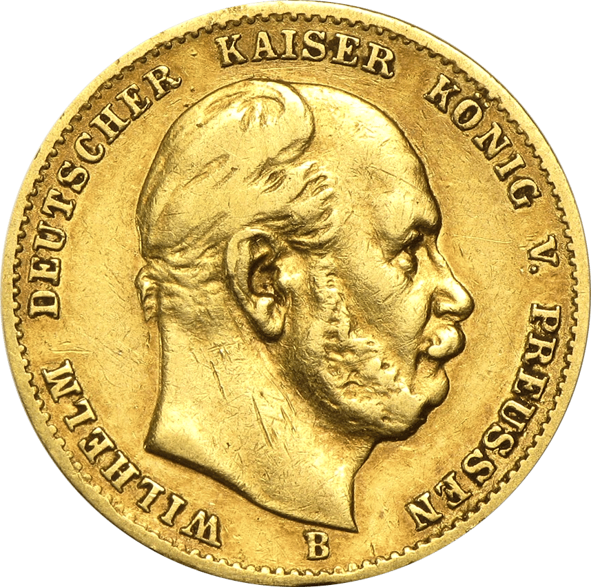 10 marcos Prusia, Guillermo I, anverso con el retrato