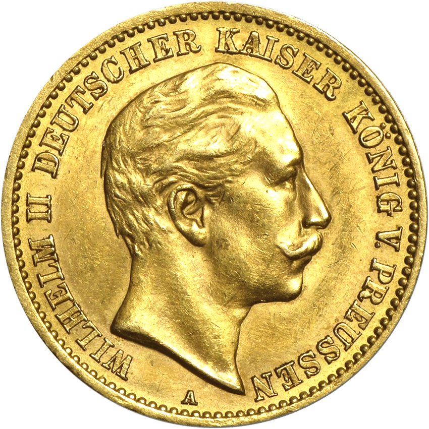 10 marcos Prusia, Guillermo II, anverso con el retrato