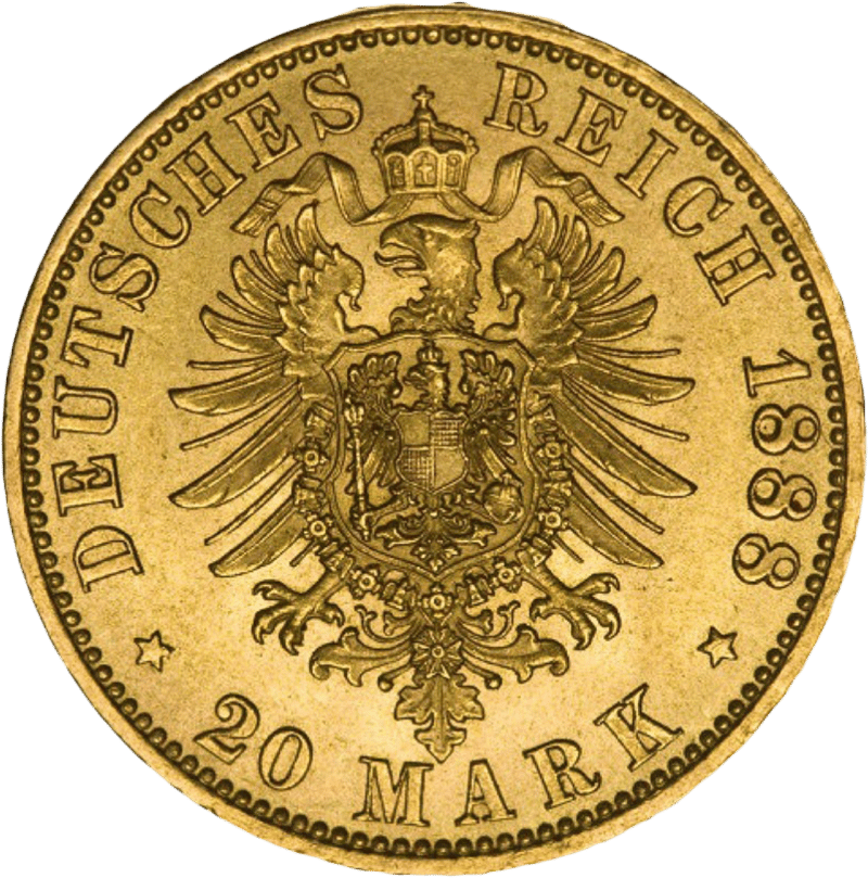 20 marcos Prusia, Federico III, reverso con el águila imperial y el valor