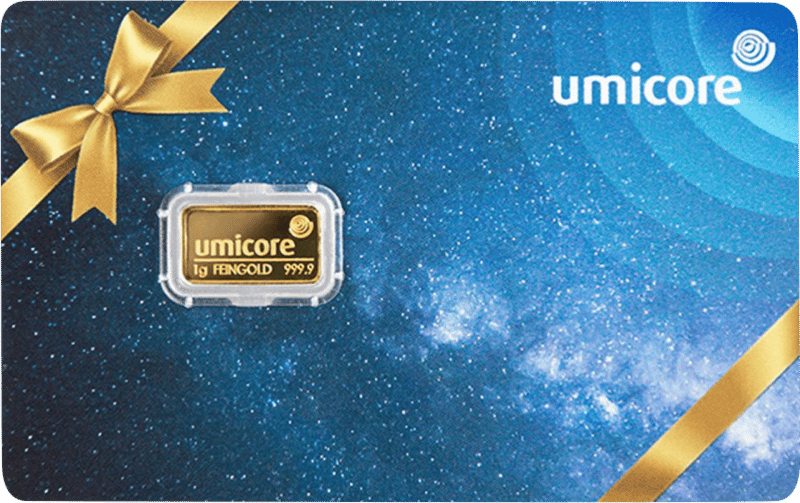 1 g Gold von Umicore in der Karte mit Sternenhimmel, Abbildung