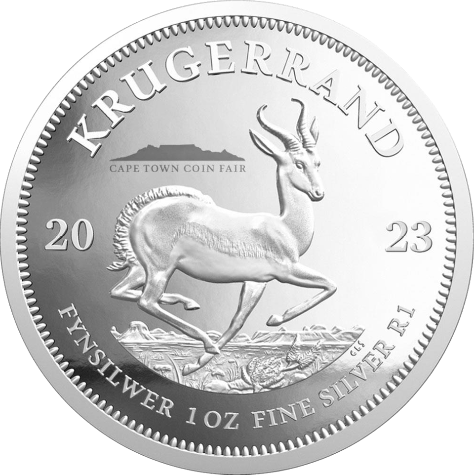 Krügerrand 1 Unze Silber 2023 mit Privy Mark, Springbock-Seite mit dem Zeichen