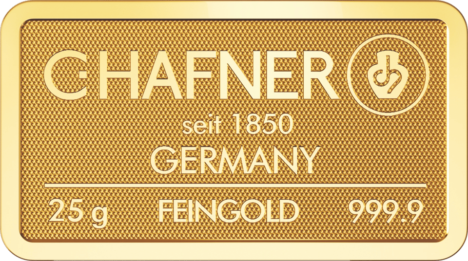25 g of fine gold from C.Hafner, front of the bar, image
