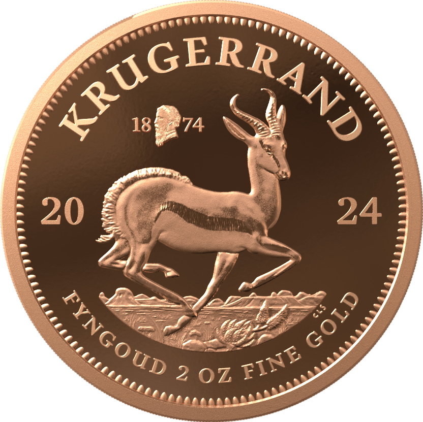 Krugerrand 2 ounces gold 2024 with Privy Mark, springbok side with the sign