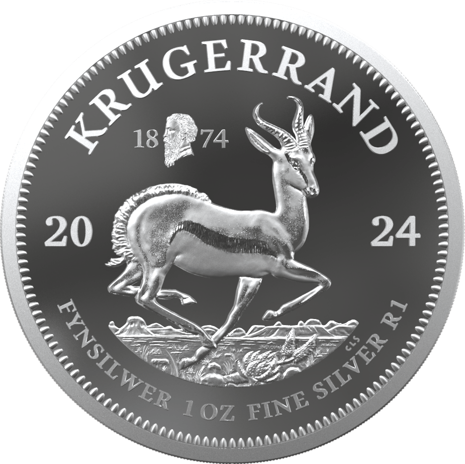 Krügerrand 1 Unze Silber 2024 mit Privy Mark, Springbock-Seite mit dem Zeichen