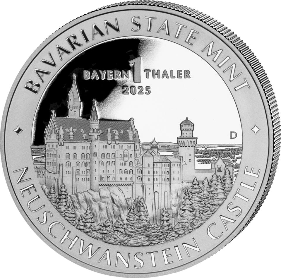 Bayern Thaler 2025, 1 Unze Feinsilber, Vorderseite mit Schloss Neuschwanstein, Abbildung