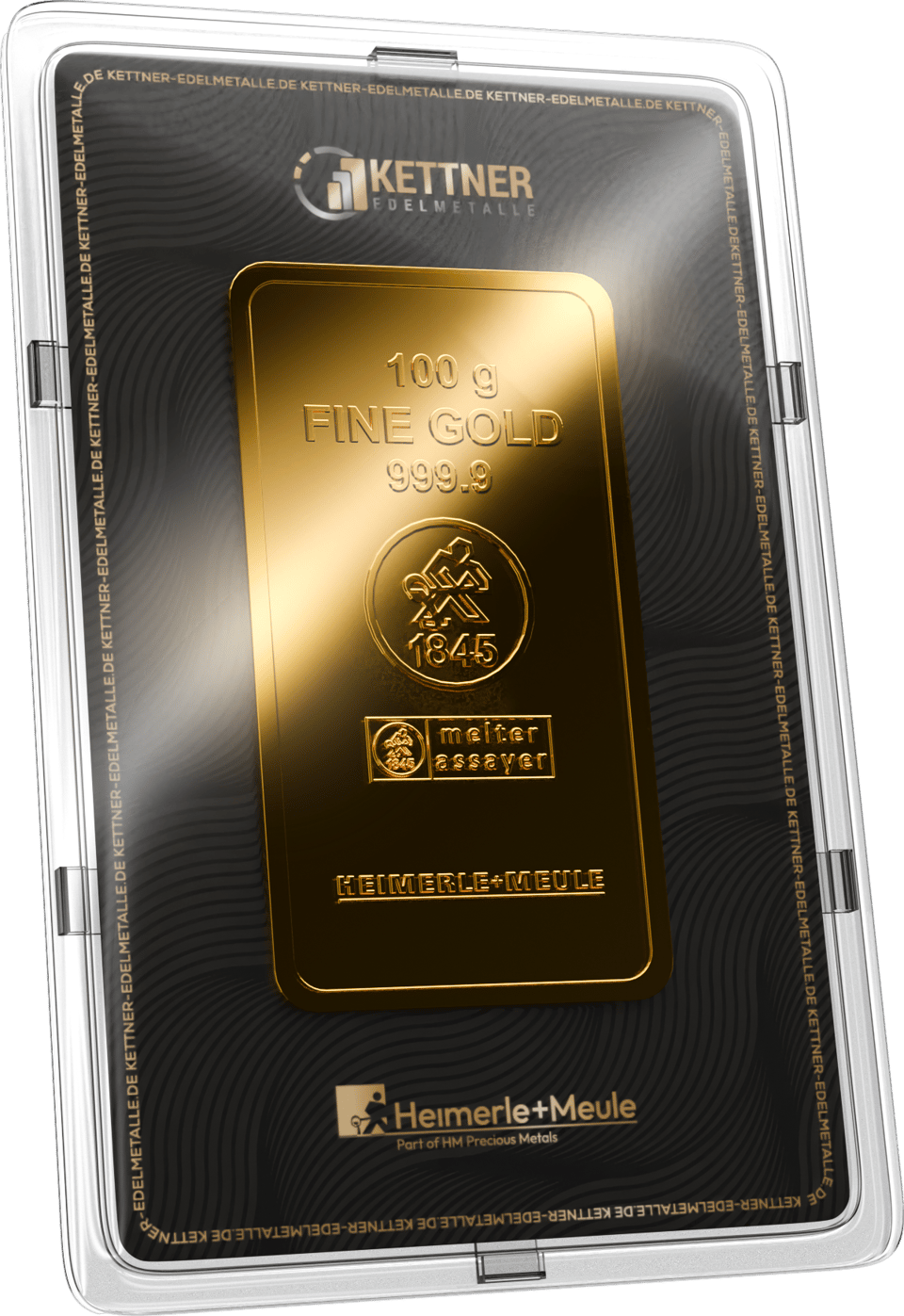 Karte von Kettner Edelmetalle mit einem Goldbarren von Heimerle + Meule zu 100 g