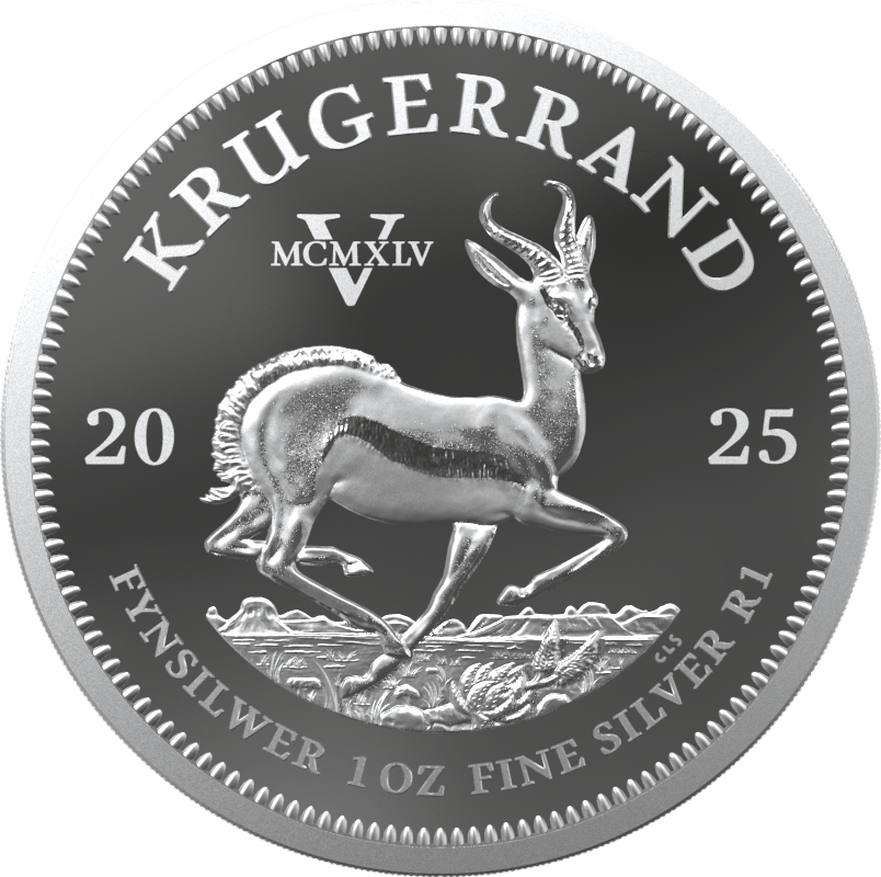 Krügerrand 1 Unze Silber 2025 mit Privy Mark, Springbock-Seite mit dem Zeichen