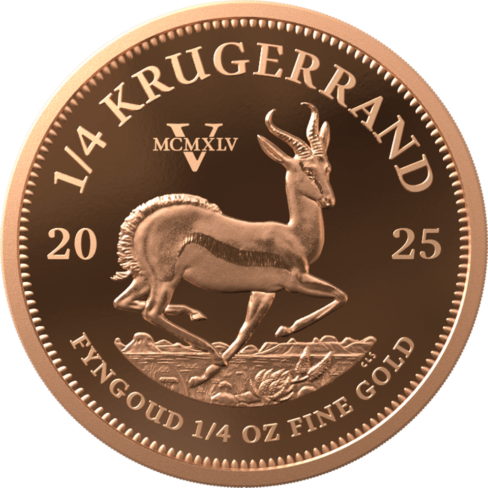 Krugerrand 1/4 ounce gold 2025 with Privy Mark, springbok side with the sign