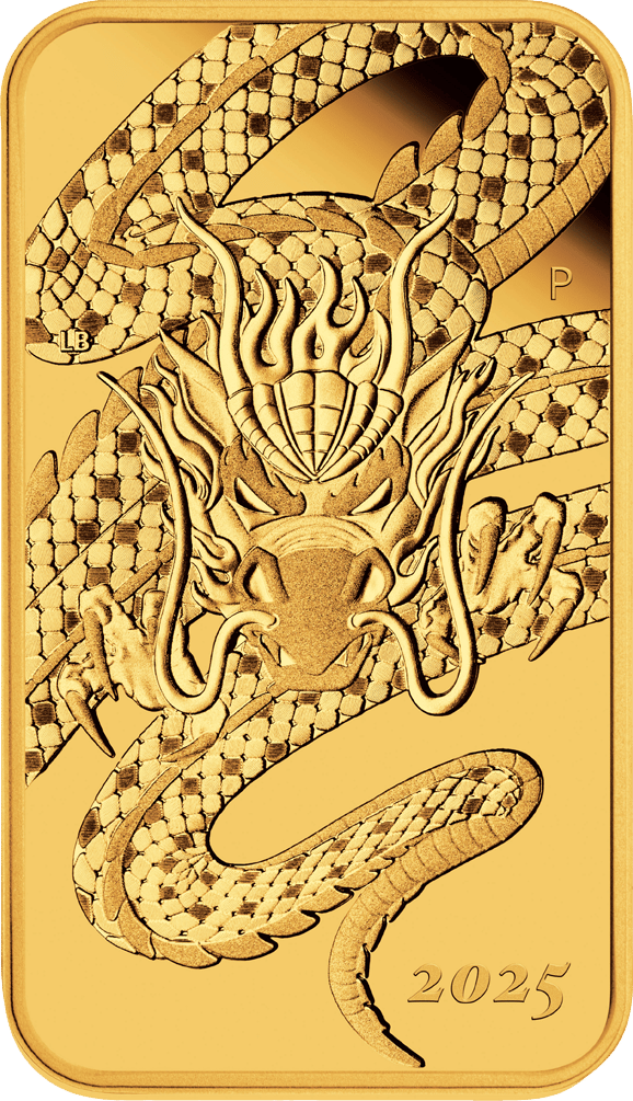 Dragon Gold Bar 2025, front with the dragon