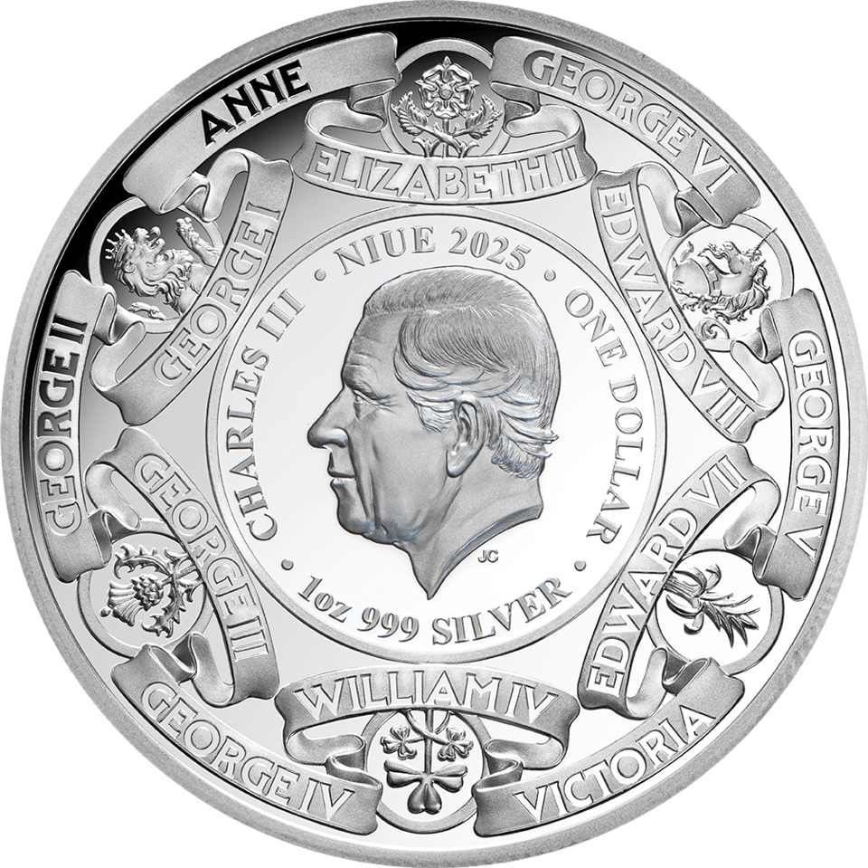 Britische Monarchen 2025, 1 Unze Silber, Wertseite