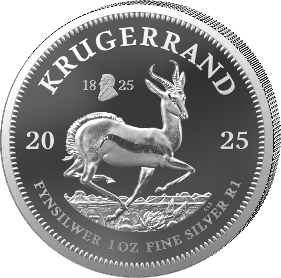 Krugerrand 1 ounce silver 2025 with Privy Mark, springbok side with the sign