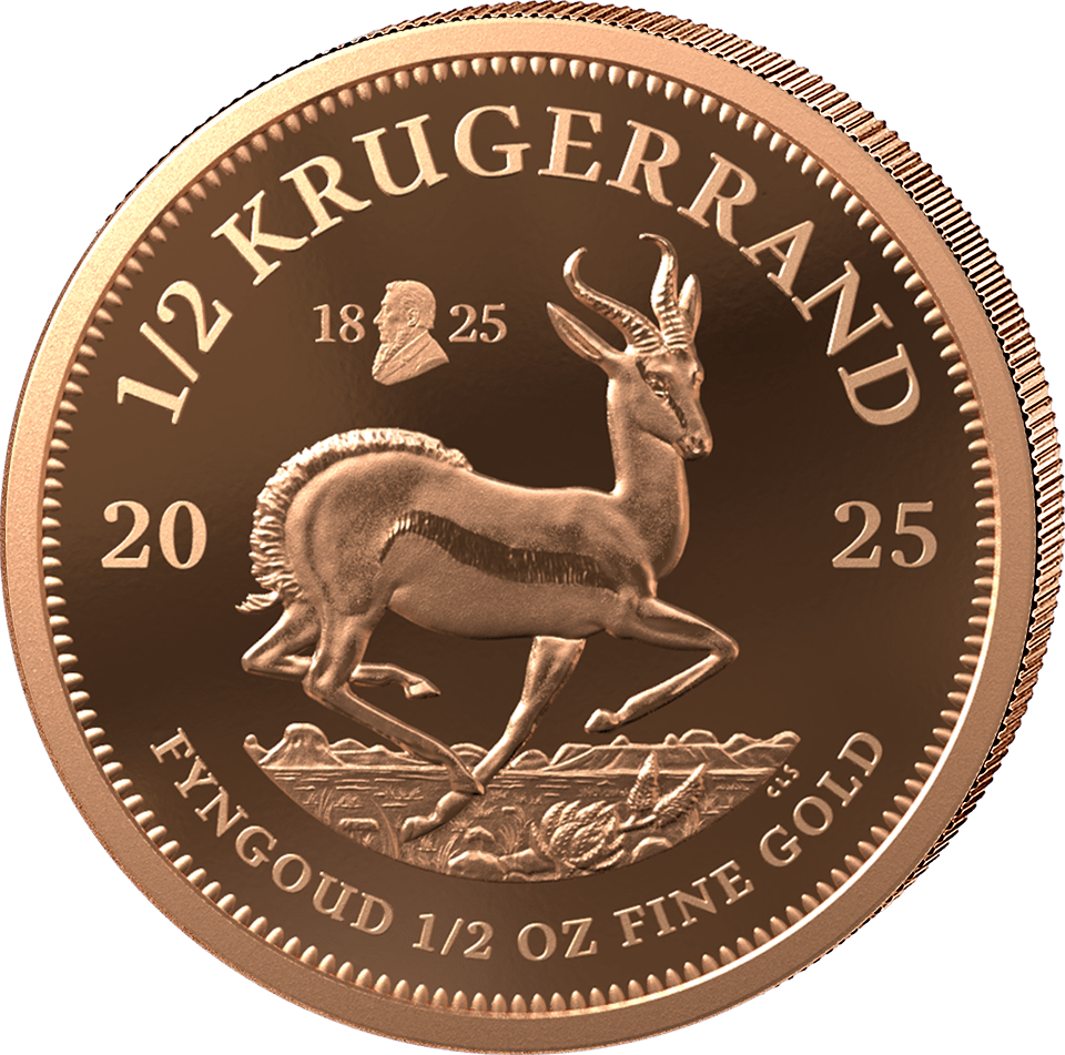 Krugerrand 1/2 ounce gold 2025 with Privy Mark, springbok side with the sign