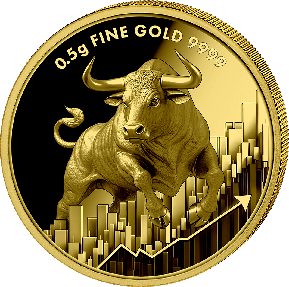 Stier en Beer 2025, 0,5 g goud, zijde met de stier