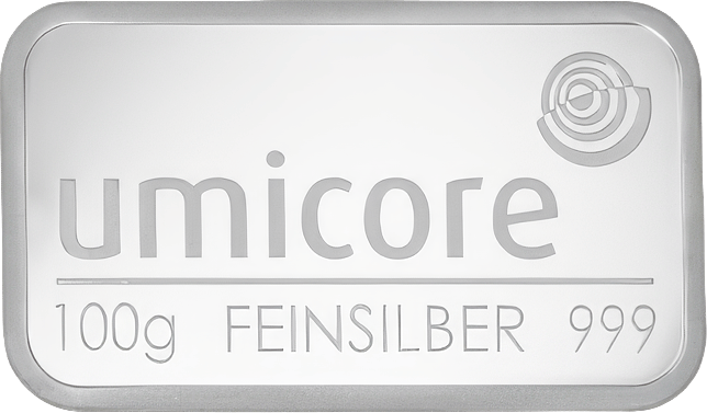 Plata Umicore de 100 g, acuñada, imagen