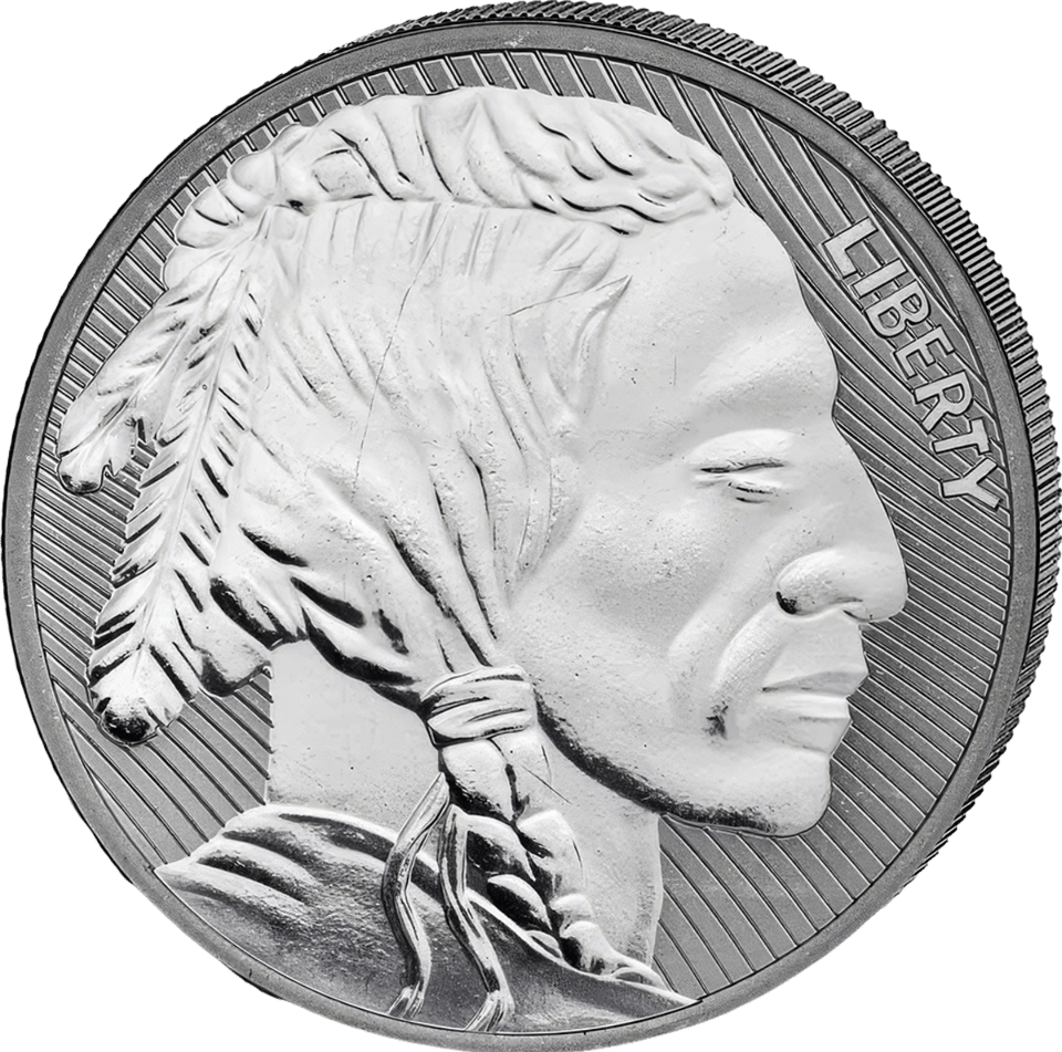 American Buffalo en plata, cara del retrato con el retrato de un nativo americano y «LIBERTY»