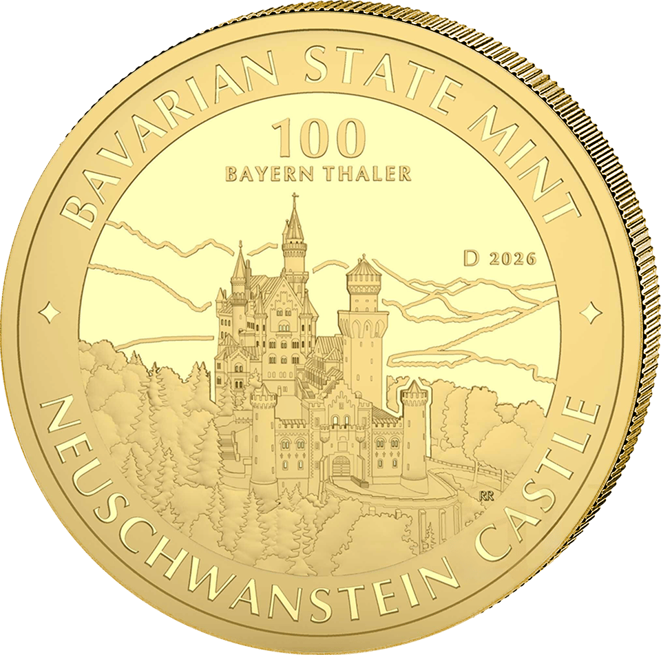 Bayern Thaler 2026, 1 onza de oro fino, anverso con el castillo de Neuschwanstein, imagen