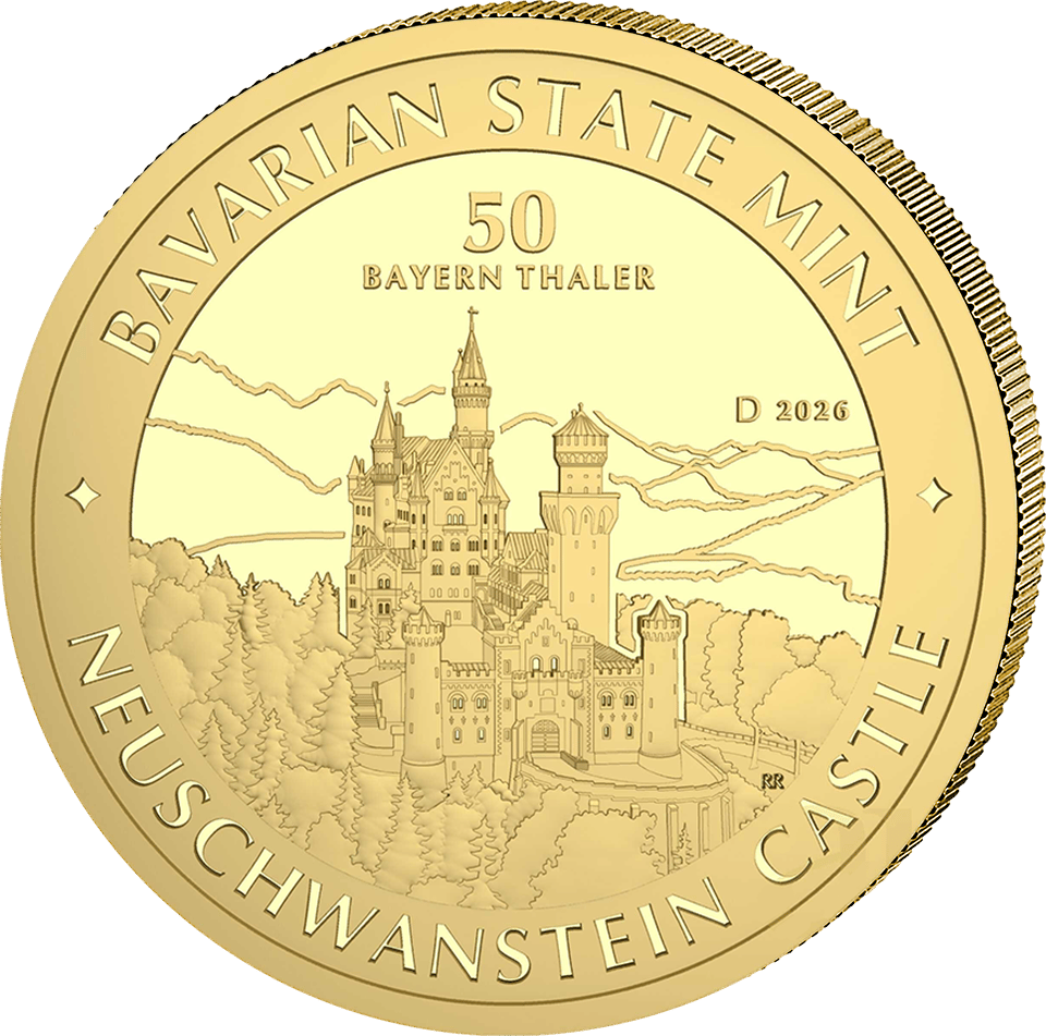 Bayern Thaler 2026, 1/2 onza de oro fino, anverso con el castillo de Neuschwanstein, imagen