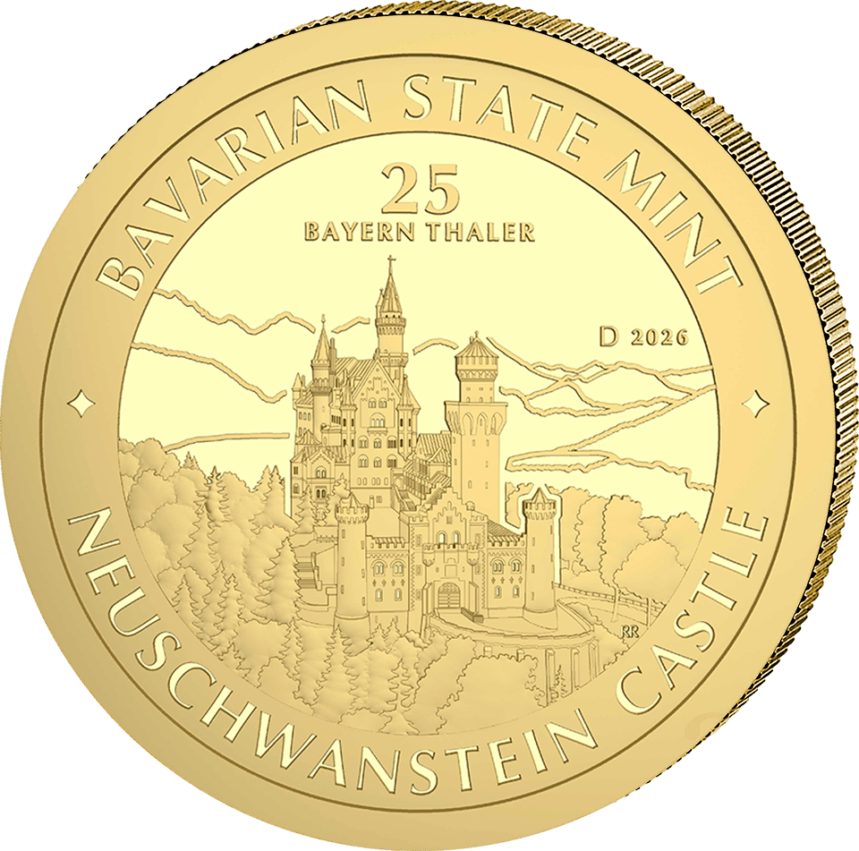 Bayern Thaler 2026, 1/4 onza de oro fino, anverso con el castillo de Neuschwanstein, imagen