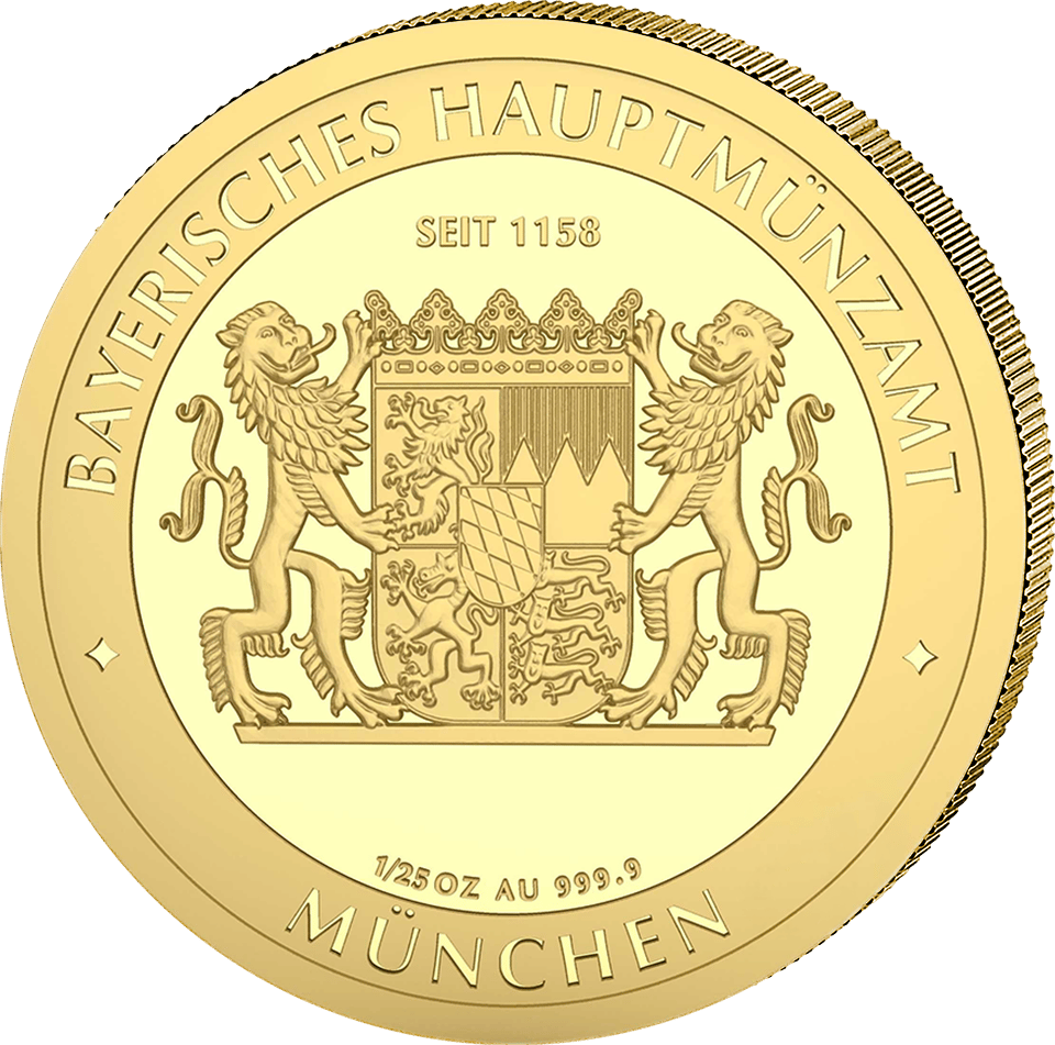 Bayern Thaler 2026, 1/25 onza de oro fino, reverso con el escudo del Estado bávaro, imagen