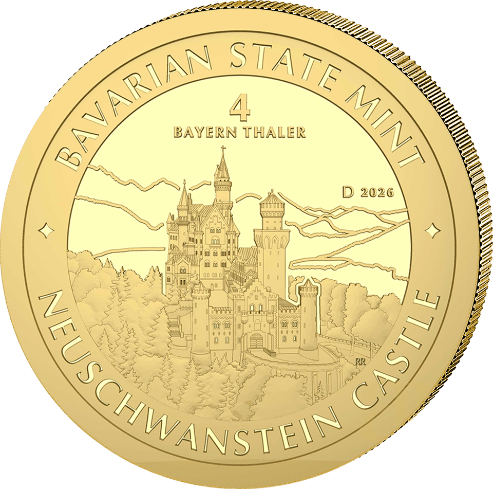 Bayern Thaler 2026, 1/25 onza de oro fino, anverso con el castillo de Neuschwanstein, imagen