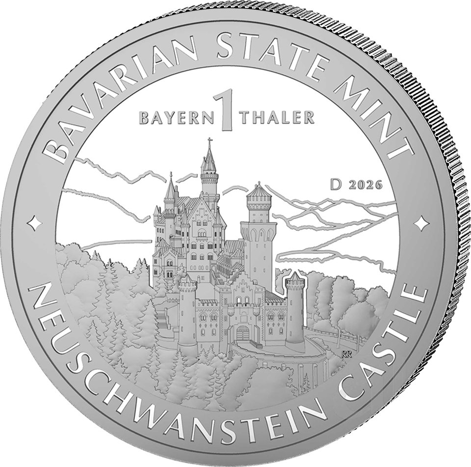 Bayern Thaler 2026, 1 onza de plata fina, anverso con el castillo de Neuschwanstein, imagen