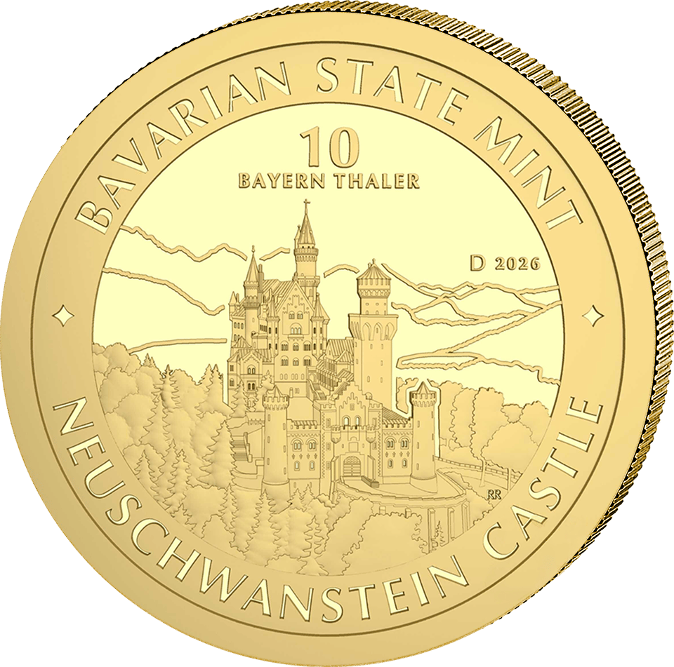 Bayern Thaler 2026, 1/10 onza de oro fino, anverso con el castillo de Neuschwanstein, imagen