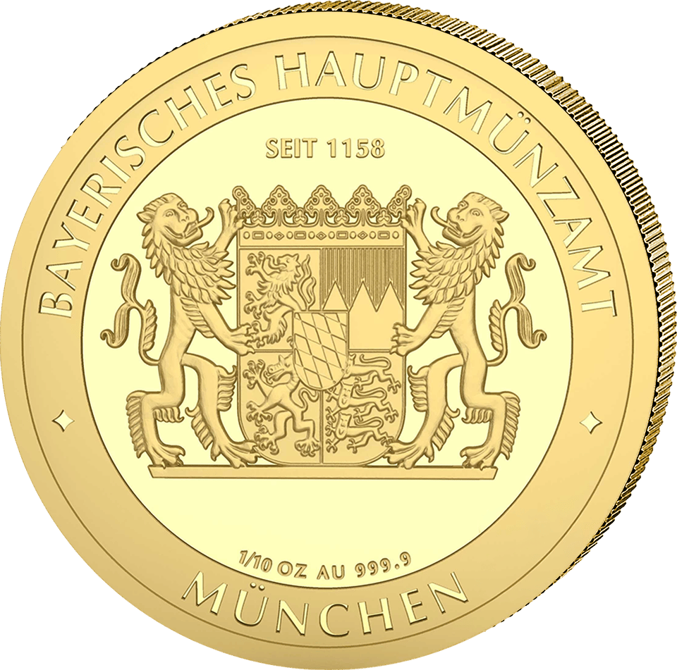 Bayern Thaler 2026, 1/10 onza de oro fino, reverso con el escudo del Estado bávaro, imagen