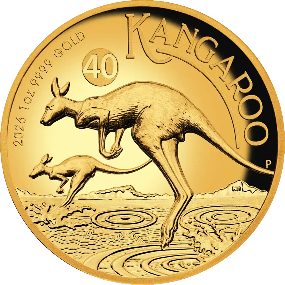 Australian Kangaroo 2026 gold coin, 1 ounce in high relief, Proof: two kangaroos leap across the water, mountains behind them, the privy mark 40 at the top left
