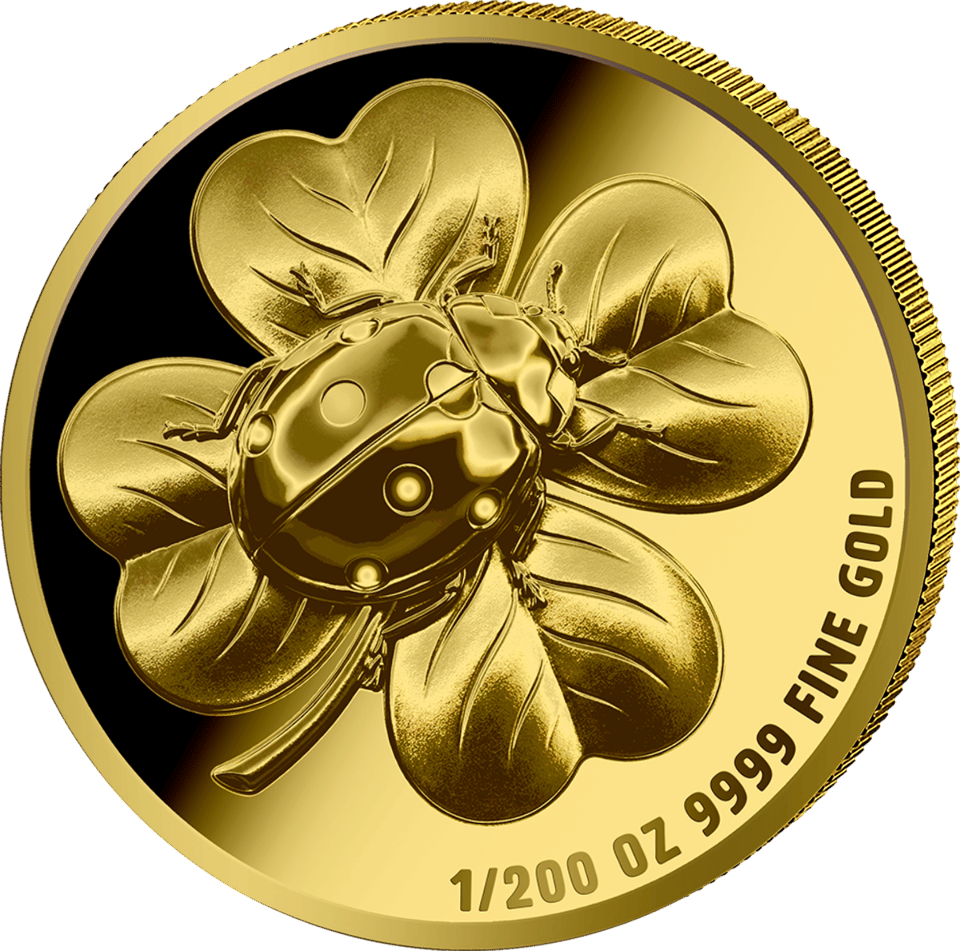 Lucky ladybird 2026 in gold, design side with the lucky ladybird on a four-leaf clover