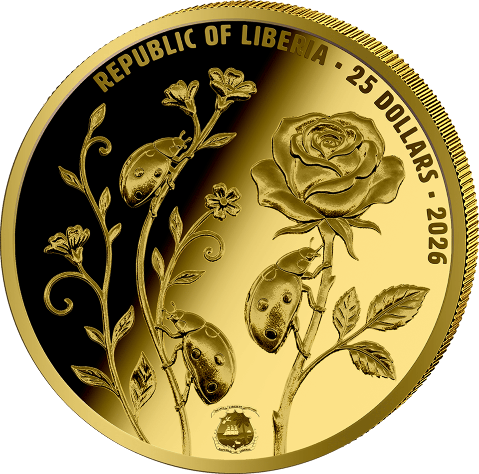 Lucky ladybird 2026 in gold, value side with a rose, small beetles and “25 DOLLARS”