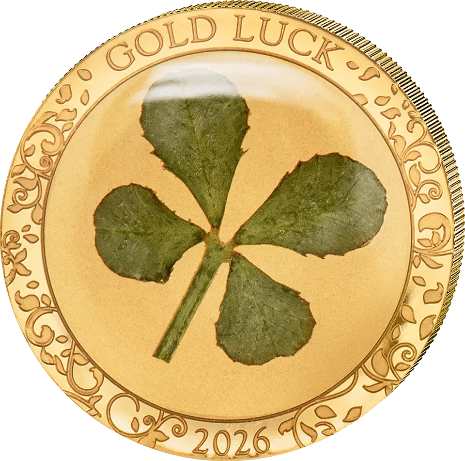 Four Leaf Clover 2026 in gold, design side with the real clover and “GOLD LUCK”