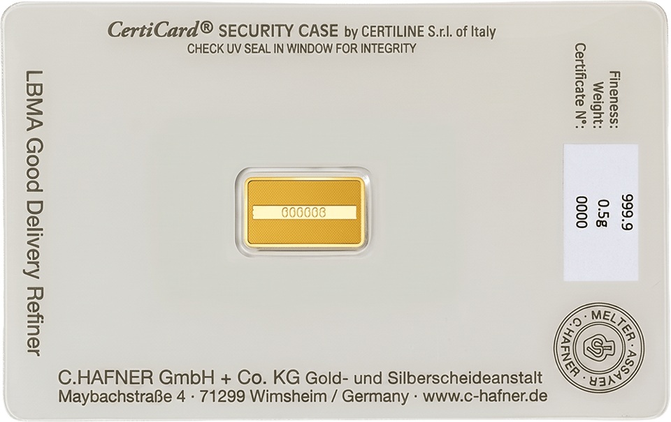 Dorso de la CertiCard con el certificado y el número del lingote, foto