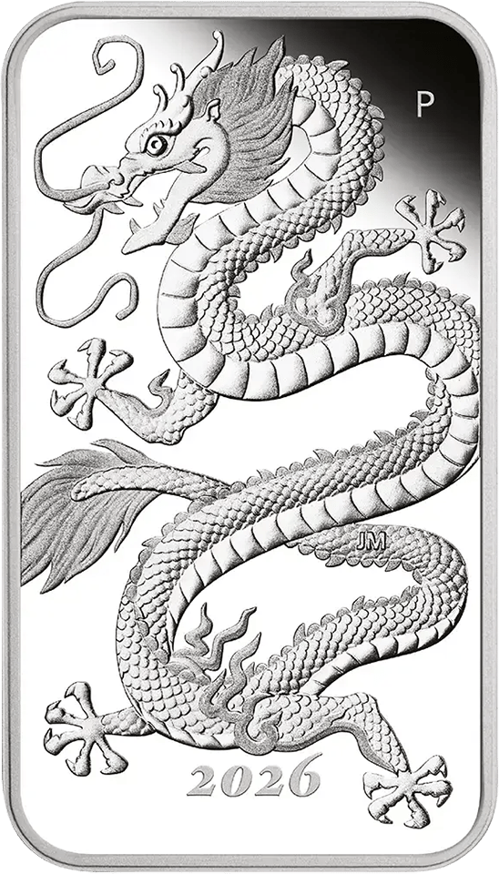 Moneda lingote Dragón 2026, anverso con el dragón