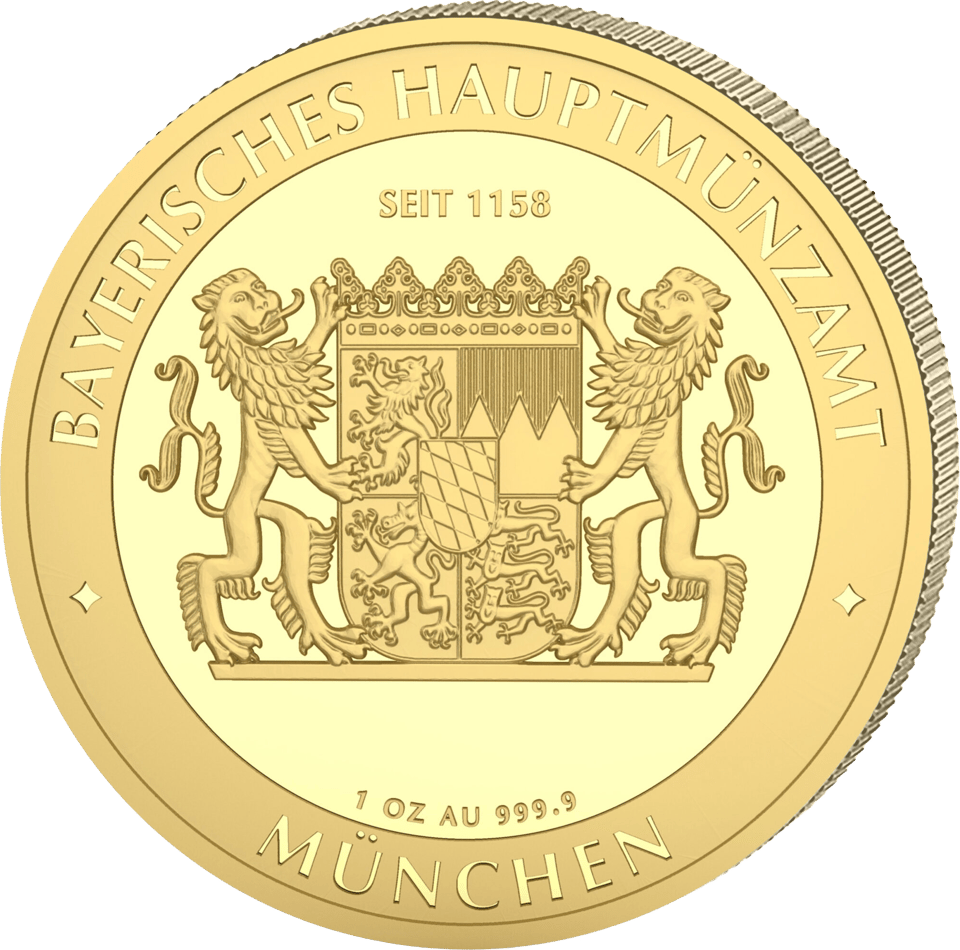 Bayern Thaler “Bavaria” 2026, 1 ounce fine gold, back with the Bavarian state coat of arms, image
