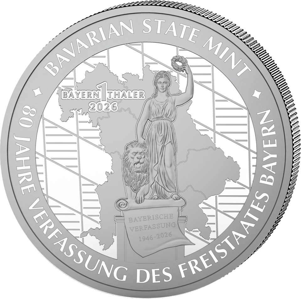 Bayern Thaler “Bavaria” 2026, 1 ounce fine silver, front with Bavaria and the lion, image